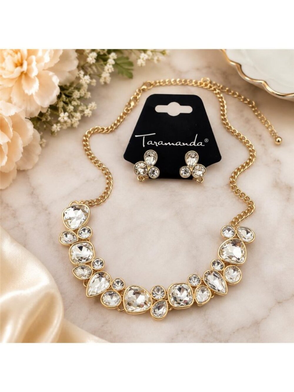 Taramanda Gold Tone Clear Crystal Statement Necklace & Stud Earrings Set 20 in